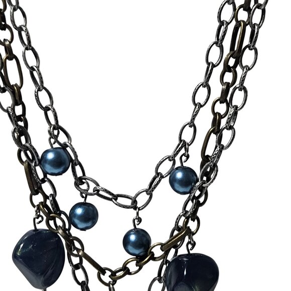 Vintage Beaded Multi Layer Necklace Blue Beads Chain Accents Fashion Jewelry - Picture 3 of 6